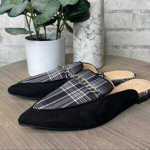 Ann Taylor Factory | Black Plaid Suede Mules